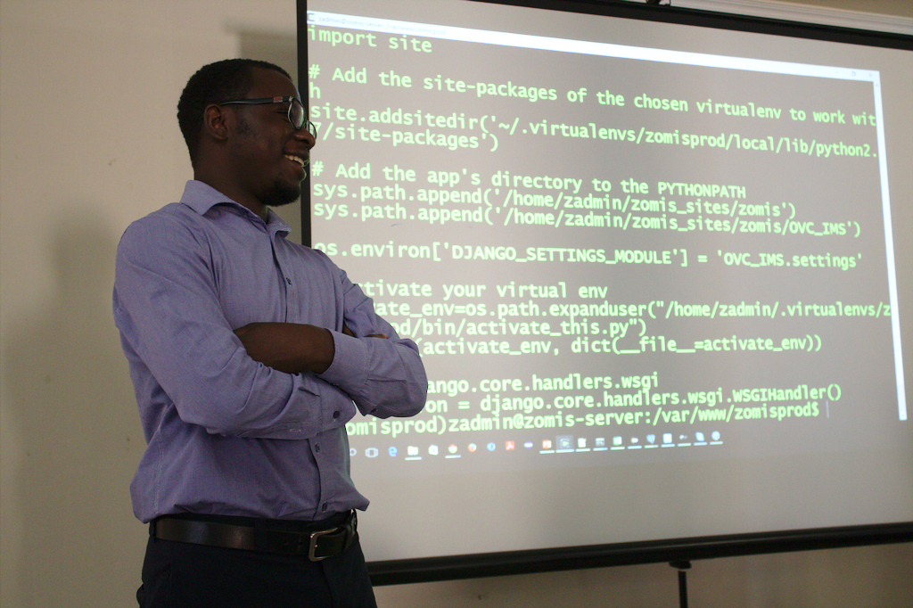 Mushashu Mwansa Lumpa of The Palladium Group demonstrating the ZOMIS production server setup